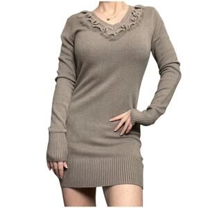 Cashmere Wool Knit Sweater Dress Brown Fur Ruffle Neckline Crochet Detail Sz S/M